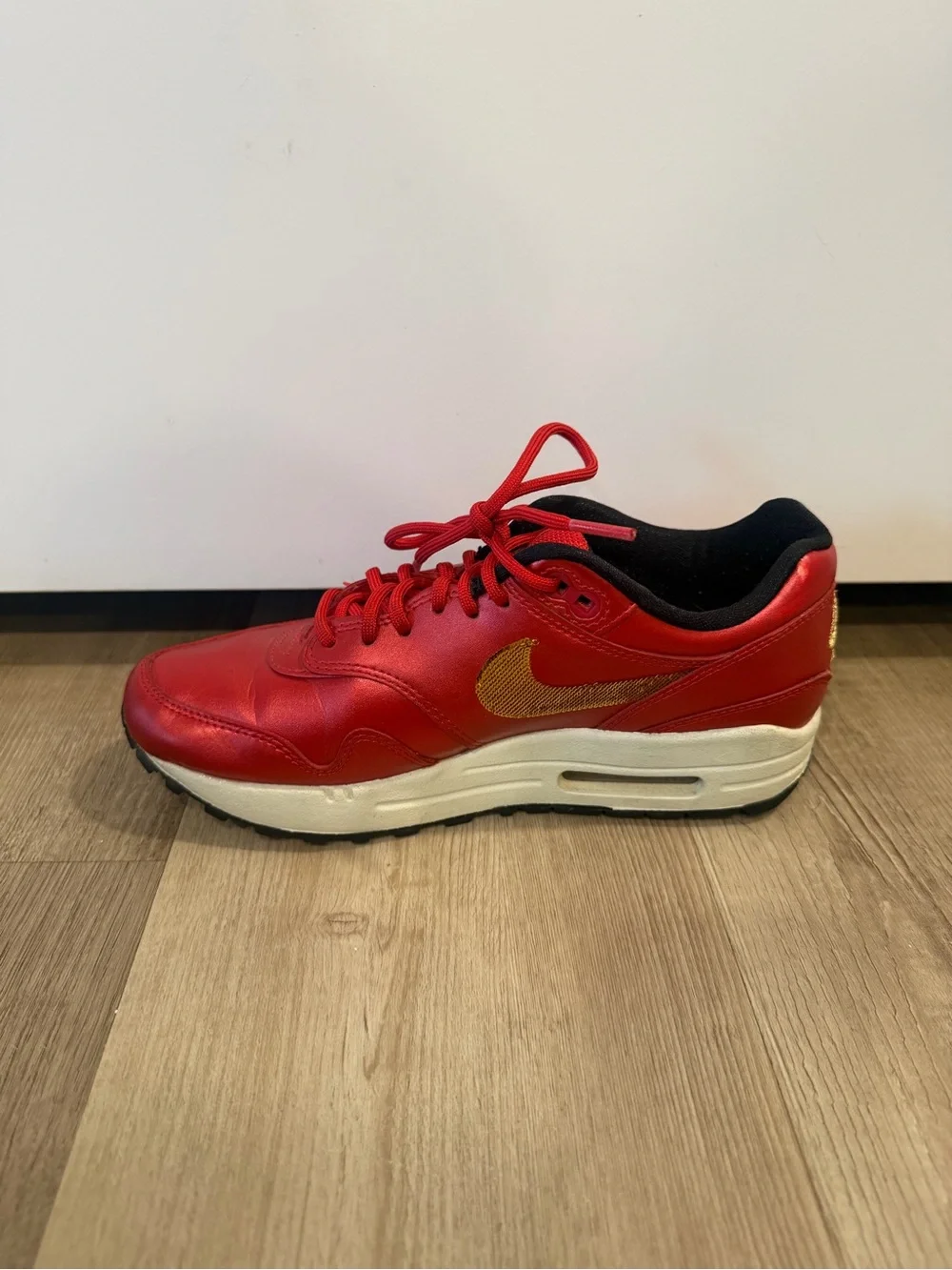 Nike Air Max 1 Gold Sequin Red Sneakers with Gold Swoosh women’s Size 6.5